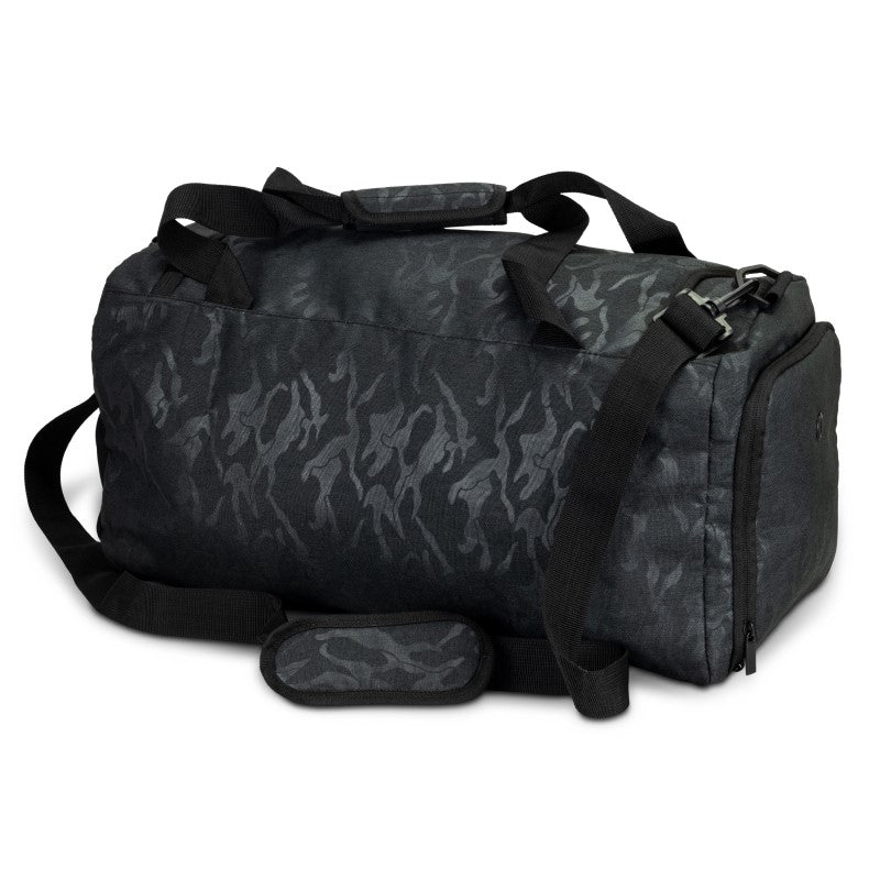Durable camouflage duffle bag with shoe compartment, spacious main pocket, and adjustable straps for travel or gym use.