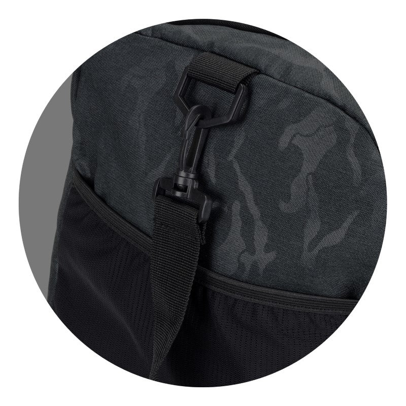 Durable camouflage duffle bag with shoe compartment, spacious main section, front pocket, and adjustable straps for versatile use.