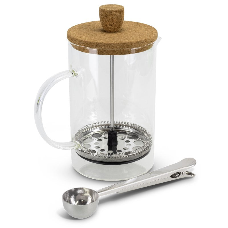 Elegant 800ml Aurora Coffee Plunger in borosilicate glass with cork lid and practical stainless steel spoon for coffee lovers.