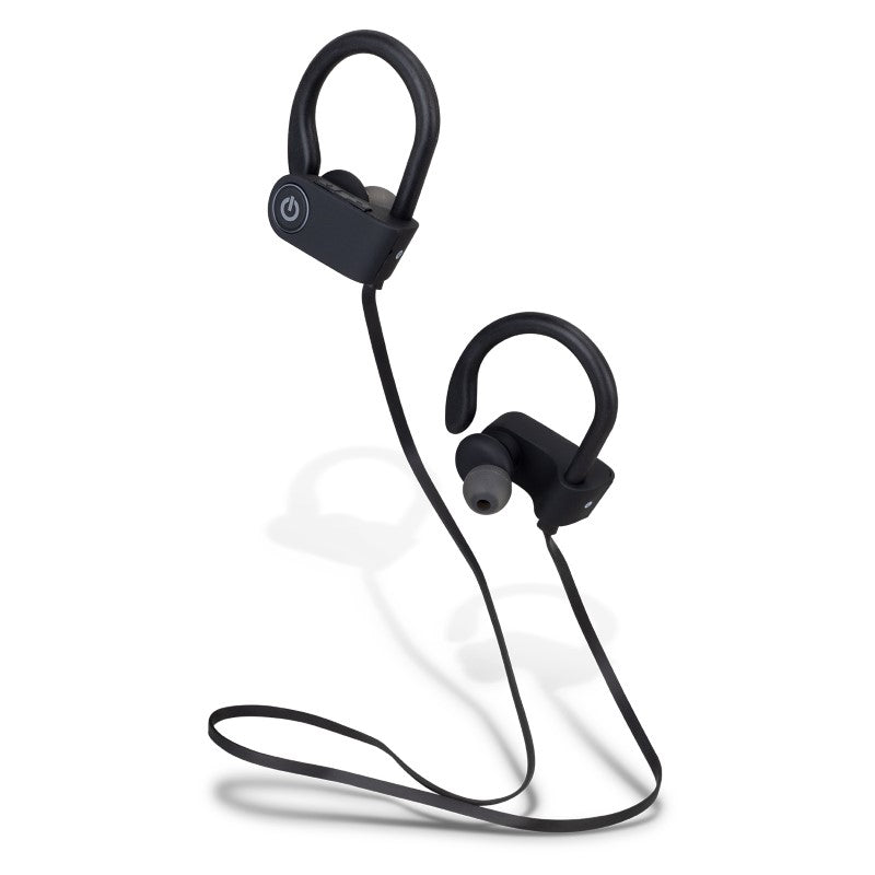 Wireless sport earbuds with soft ear hooks, secure neck strap, fingertip controls, and 10-hour battery life, ideal for fitness.