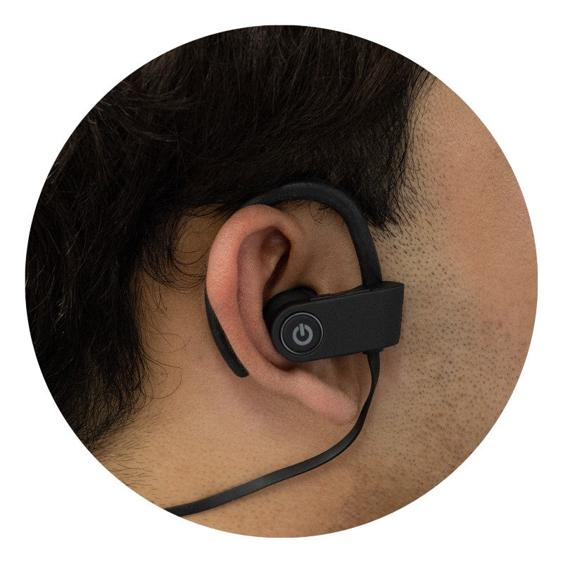 Wireless sport earbuds with ear hooks, designed for active use, featuring secure fit, fingertip controls, and 10-hour battery life.