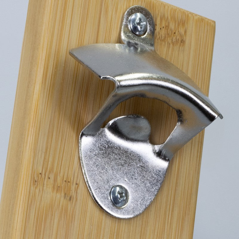 Magnetic fridge bottle opener with cap-catcher and bamboo backing, blending style and functionality for your kitchen.