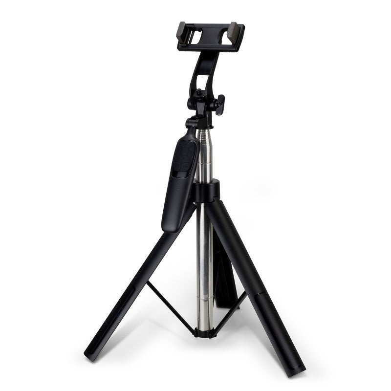 Universal Selfie Stick and 360 Degree Tripod—compact, 150cm extension, 360° rotation, includes remote, and portable carry case.