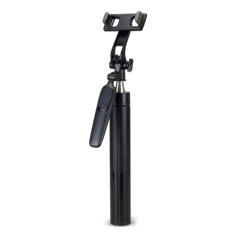 Universal selfie stick and tripod with 360-degree rotation, extends up to 150cm, includes remote control and carry case.