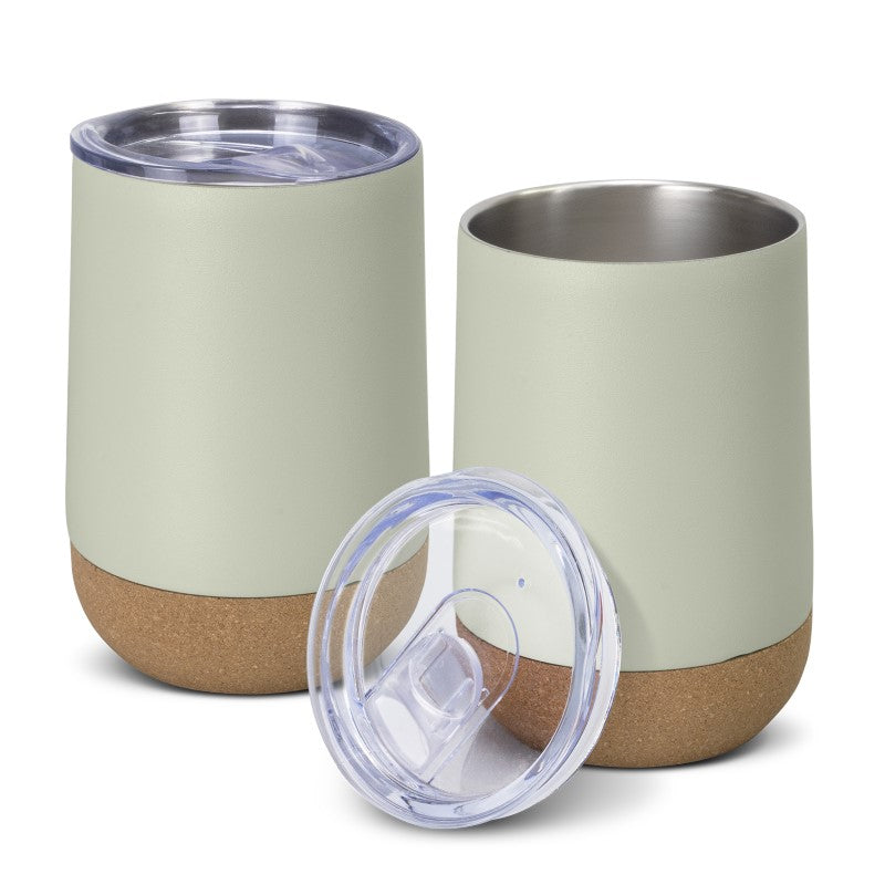Stylish Luna insulated coffee cup with double-wall design, cork base, and secure lid for hot or cold beverages.