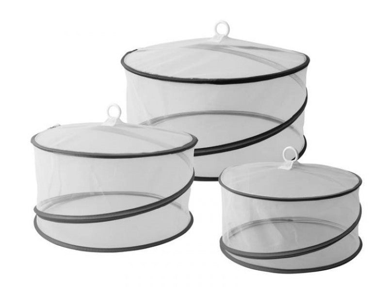 Set of 3 pop-up food covers with mesh design for bug protection, ideal for indoor/outdoor dining, easily foldable for storage.