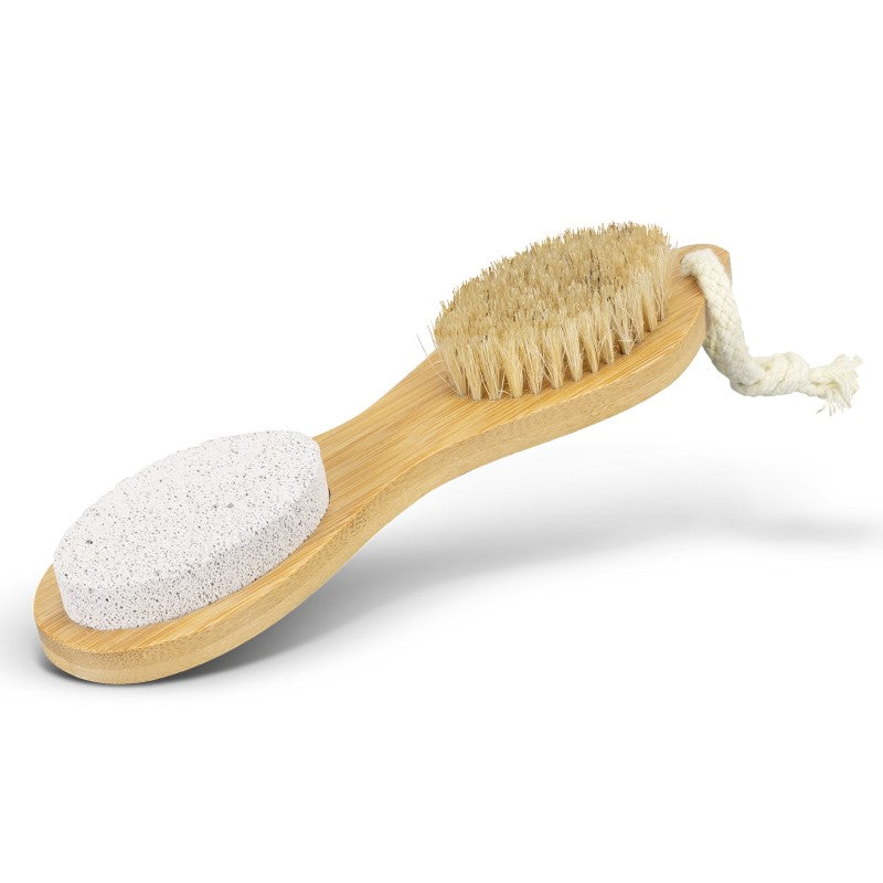 4-in-1 Pedicure Tool with bamboo handle, features foot brush, pumice stone, nail file, and callous remover for foot care.