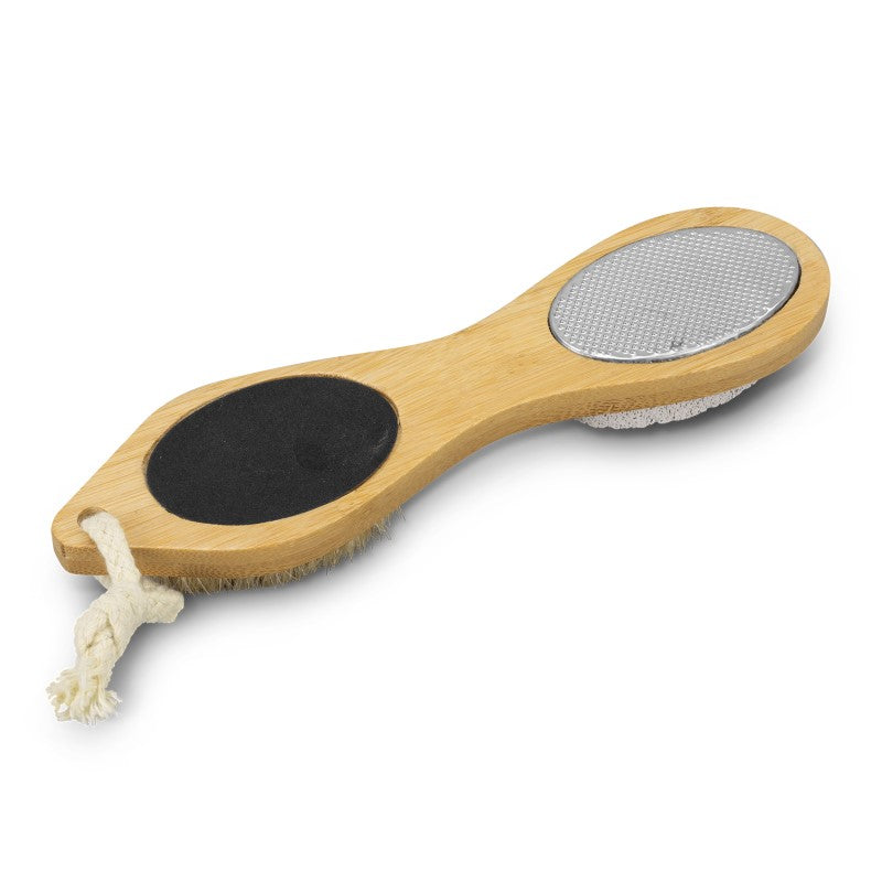 4-in-1 Pedicure Tool with bamboo handle, featuring a foot brush, pumice stone, nail file, and callous remover for foot care.