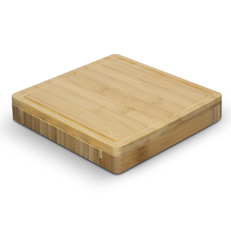 Square bamboo cheese board with slide-out drawer, includes 2 knives and 1 fork, elegant for any cheese lover's gatherings.