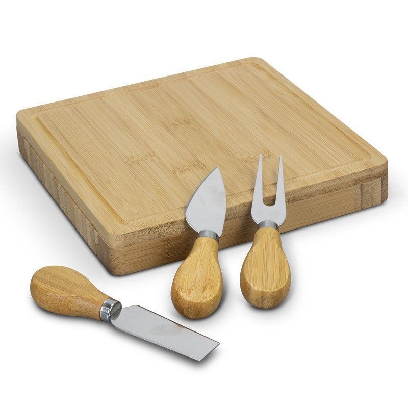 Square bamboo cheese board with slide-out drawer and three essential cheese tools for elegant entertaining.