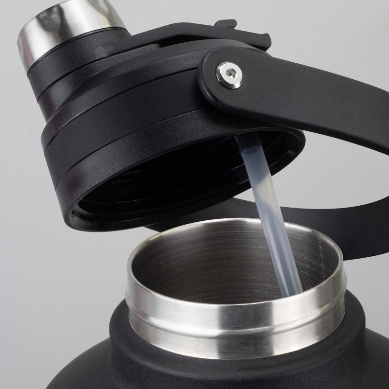 Durable 2L stainless steel water bottle with vacuum insulation, flip valve, and chug cap, ideal for gym and outdoor activities.