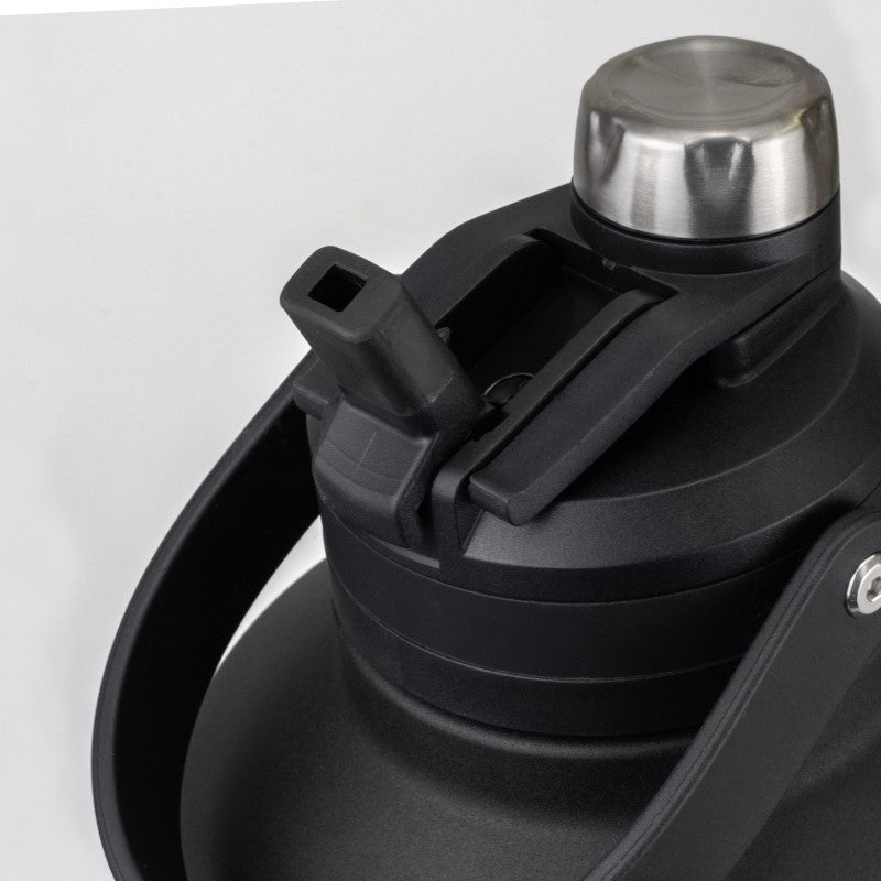 Large 2L stainless steel vacuum bottle with double-wall insulation, flip valve, chug cap, and sturdy carry handle.