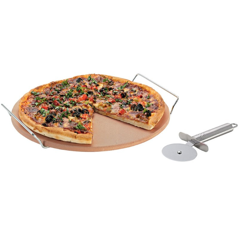Pizza stone set with rack and cutter for perfect pizzas; includes 33cm clay stone, stainless steel cutter, ideal for baking.