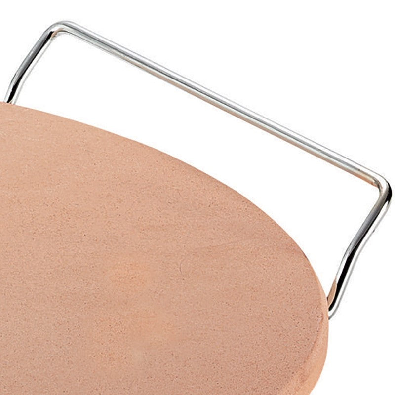 Pizza stone set with rack and cutter, featuring a 33cm kiln-fired clay stone for crispy crusts and easy serving.