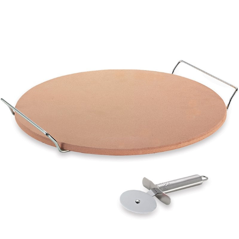 Pizza stone set featuring a 33cm stone, rack for transport, and stainless steel cutter for perfect pizza crusts.
