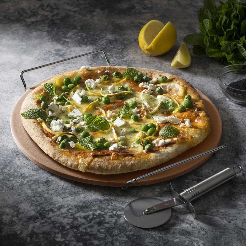 Premium pizza stone set with rack and cutter for perfect pizzas, breads, and cookies; durable kiln-fired clay design.