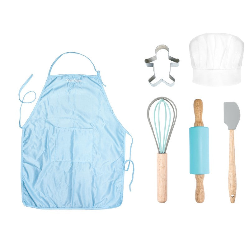 Colorful boys baking set featuring a chef hat, adjustable apron, and kid-friendly silicone utensils for young chefs.