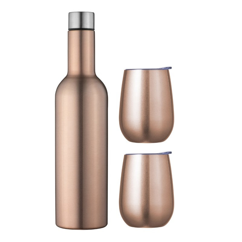Double Wall Insulated Wine Traveller Set in Rose Gold with 750ml bottle and two tumblers, ideal for outdoor beverage enjoyment.