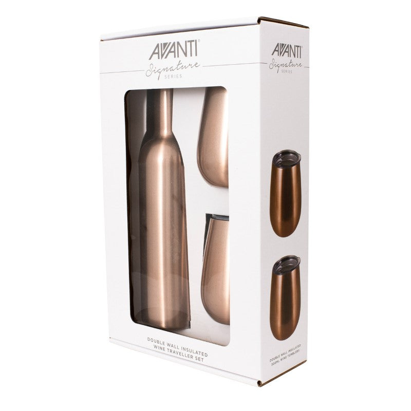 Double wall insulated wine traveller set in rose gold, includes 750ml bottle and two stemless tumblers for on-the-go enjoyment.
