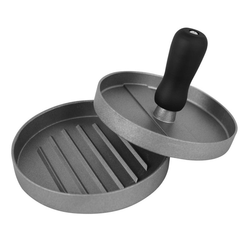 Avanti Burger Press for making 11.5cm patties; features non-stick aluminum, ribbed surface for searing, and soft-touch handle.