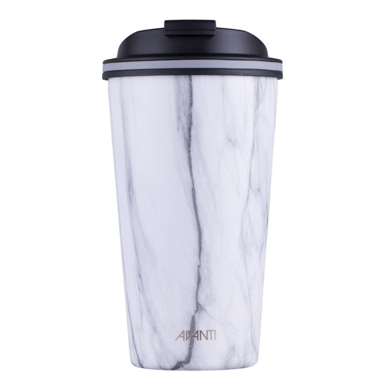 Double wall insulated cup made of stainless steel, keeping drinks hot for 8 hours and cold for 16 with a leak-proof lid.