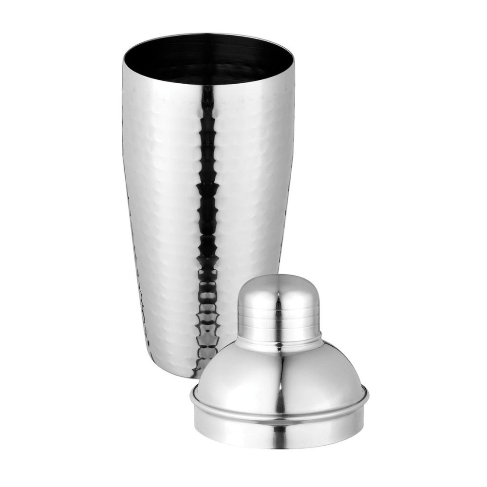 Stylish 750ml hammered cocktail shaker with strainer and measuring cap for perfect home mixology.