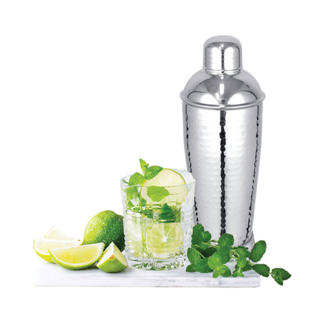 Stylish 750ml hammered cocktail shaker with removable strainer and measuring cap for easy mixing and serving cocktails.