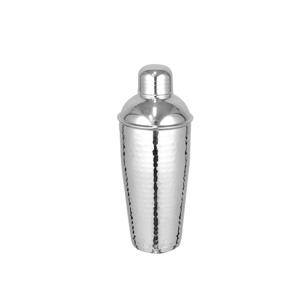 Stylish 750ml hammered cocktail shaker with strainer, measuring cap, and durable stainless steel design for effortless mixing.