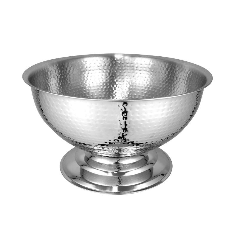 Elegant hammered stainless steel punch bowl for chilling champagne or serving punch at parties, featuring a stable pedestal base.
