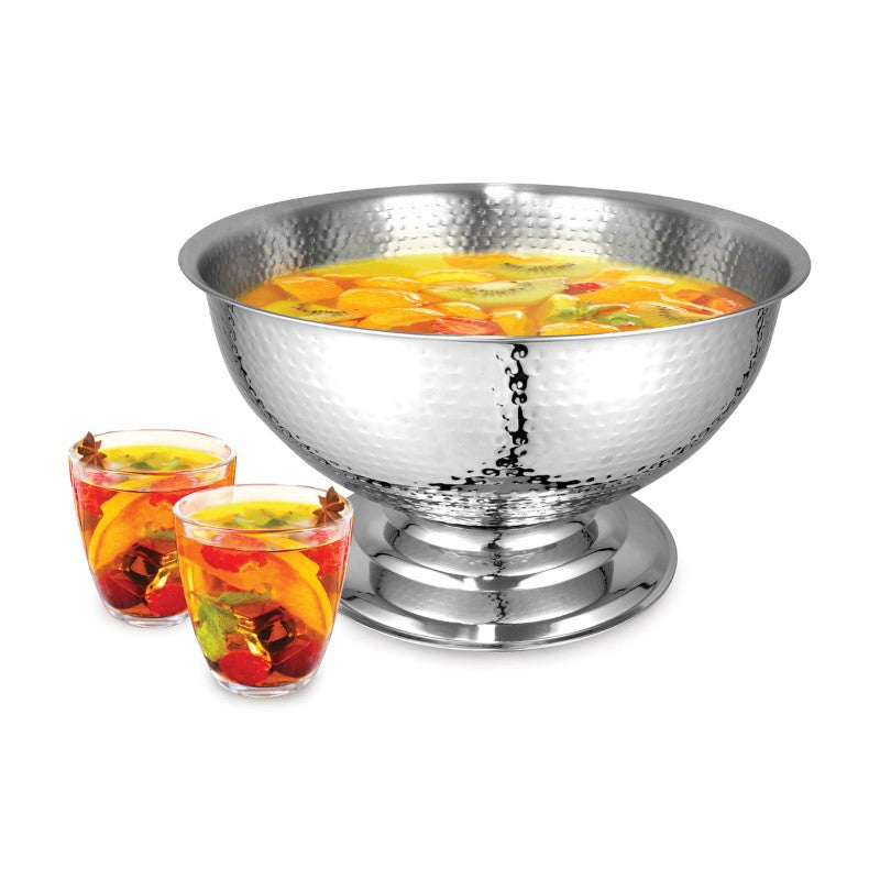 Elegant hammered stainless steel punchbowl, perfect for serving champagne or punch at celebrations, with a stable pedestal base.