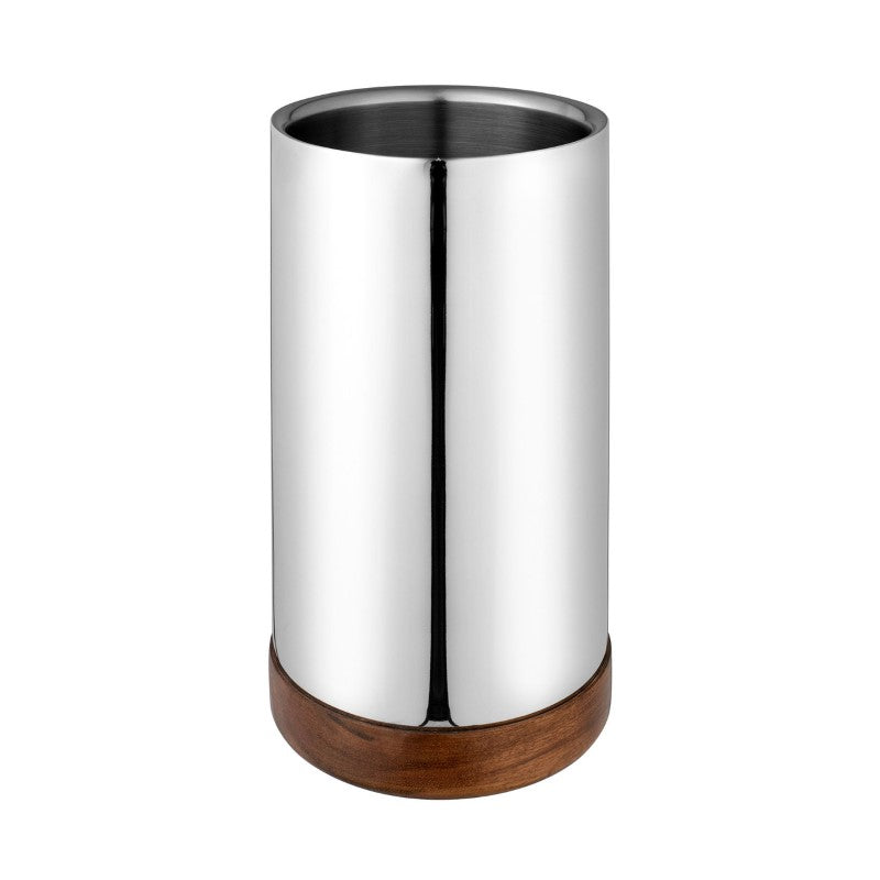 Double wall stainless steel wine cooler with wooden base, designed to keep wines at the perfect temperature.