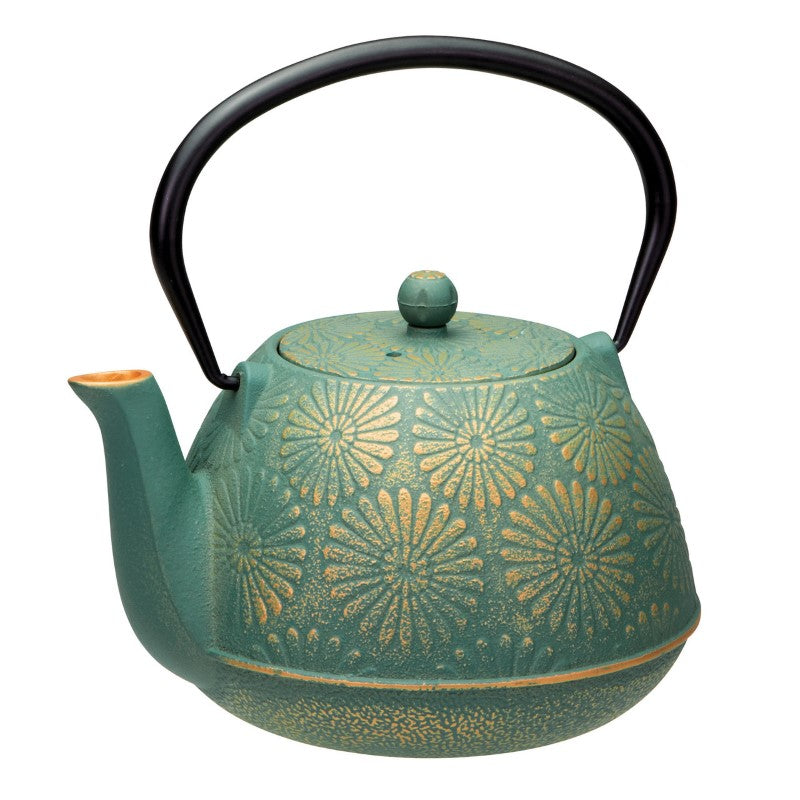 Cast Iron Teapot in Teal and Gold, 1.2L, featuring a stainless steel infuser and black enamel interior for optimal brewing.