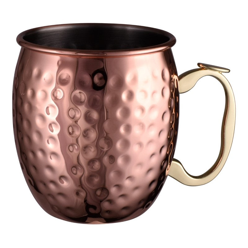 Hammered copper-plated Moscow Mule Mug, stainless steel, 530ml, keeps drinks cold, comfortable rolled rim, and easy grip handle.