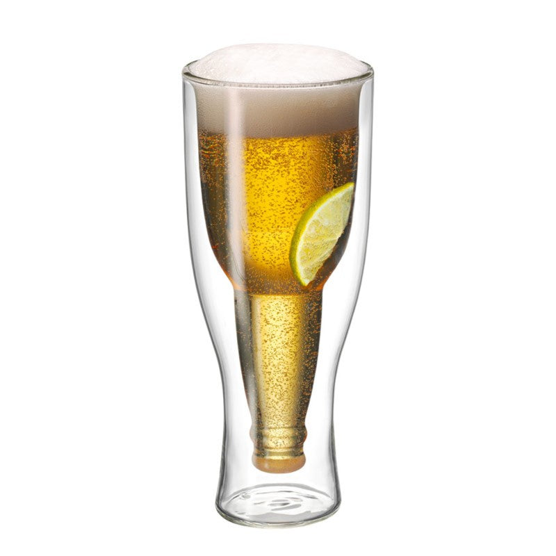 Twin-wall beer glass with 400ml capacity, made of durable borosilicate glass for thermal efficiency and condensation control.