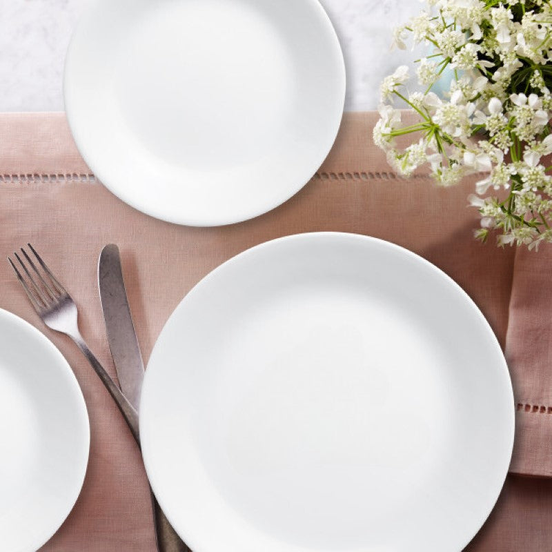 Corelle 12 Piece Dinner Set featuring versatile white dinnerware, durable and space-saving, perfect for everyday and special occasions.