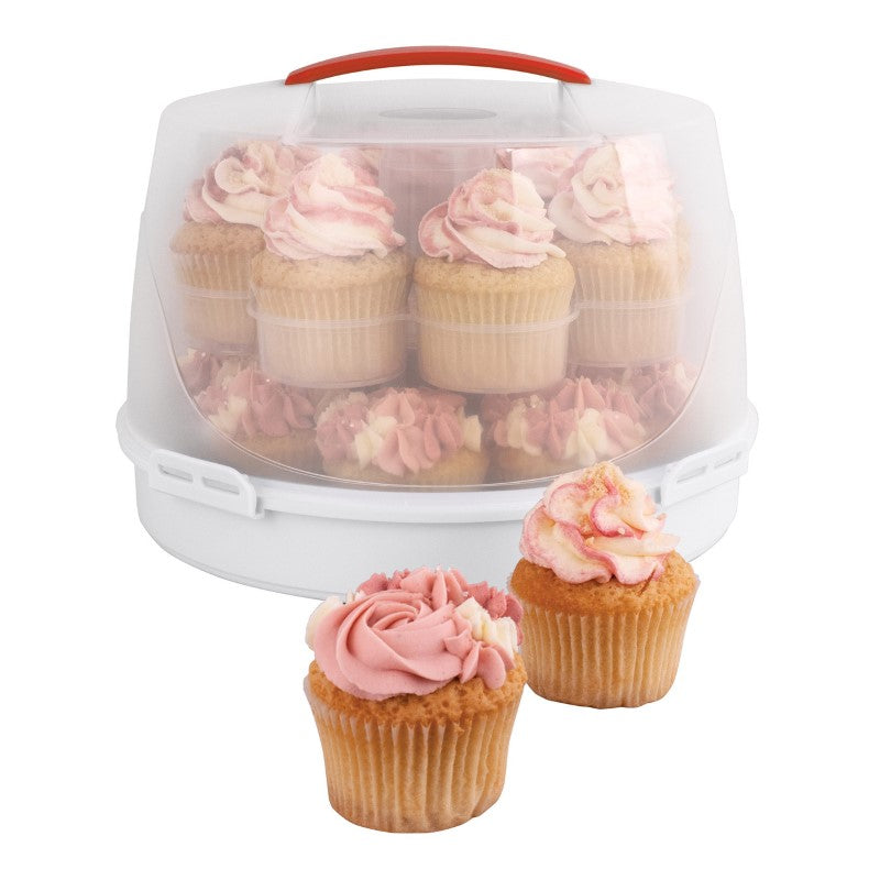 Cupcake and round cake carrier with transparent cover, holds 16 cupcakes or a 25cm cake, features removable tiers and easy-grip handle.