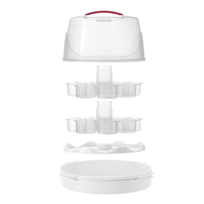 Versatile cupcake and round cake carrier, holds 16 cupcakes or a 25cm cake, with removable tiers and secure locking tabs.