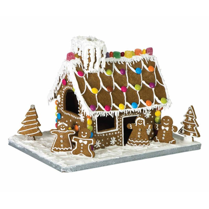 Gingerbread House Kit featuring 9 cutters, icing, a sturdy base, and festive figures for easy holiday decorating fun.