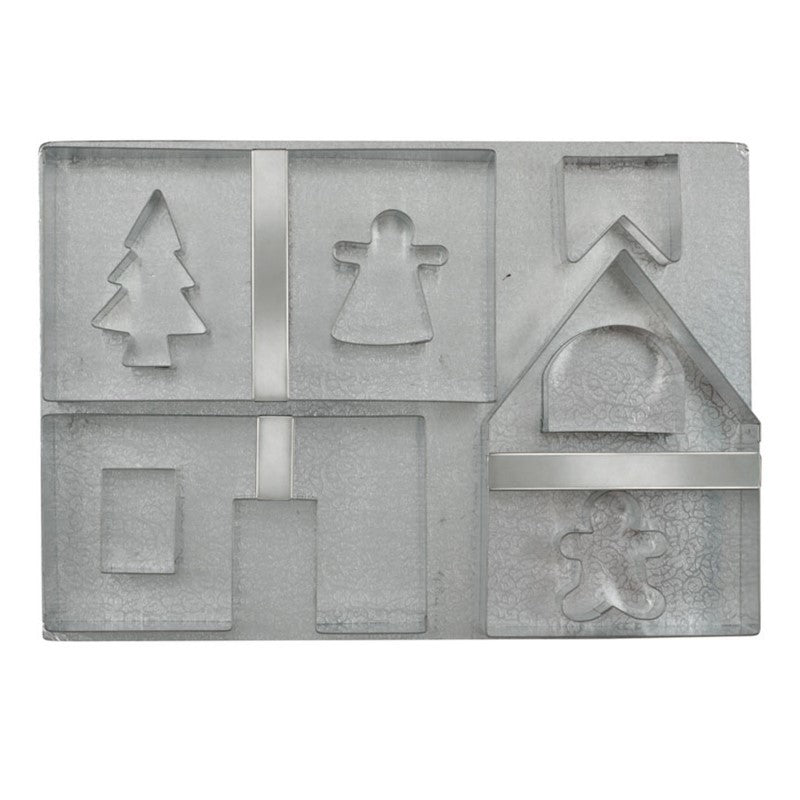 Gingerbread House Kit with board, 9 cutters, royal icing, and festive figures for easy holiday baking and decorating.