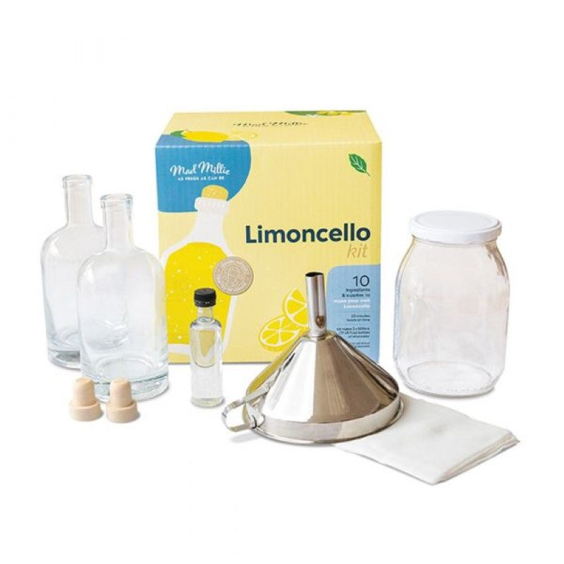 Limoncello Making Kit with infusion jar, bottles, funnel, and natural flavor for creating homemade limoncello easily.