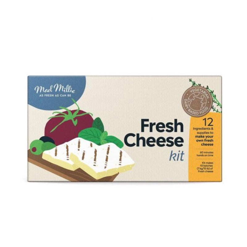 Fresh Cheese Making Kit for creating artisan cheeses at home, includes all necessary ingredients and cultures for beginners.