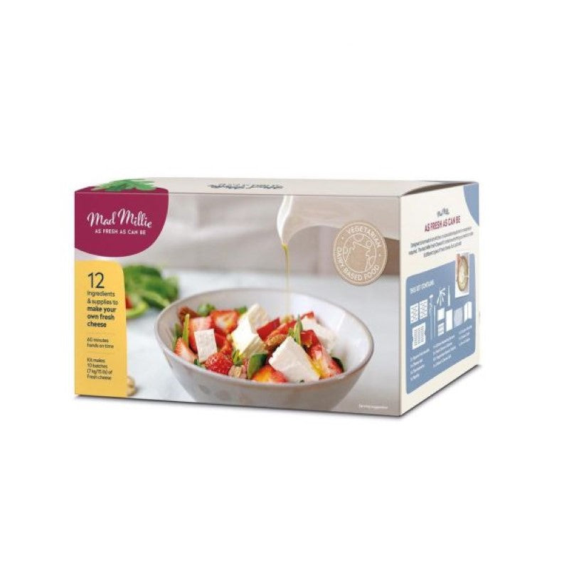 Mad Millie Fresh Cheese Making Kit for crafting artisan cheeses at home, includes cultures for Feta, Halloumi, and more.