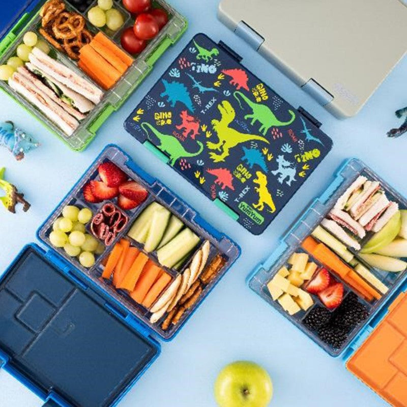 Bento Dinosaur Lunch Box with 4 compartments, customizable design, and leak-proof seal for fresh, organized meals.
