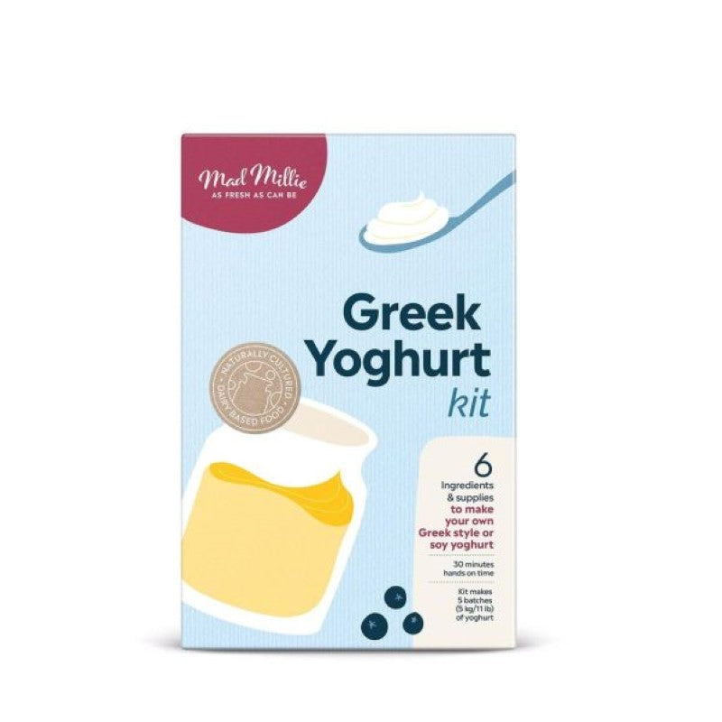 All-in-one Greek yogurt making kit with cultures, jar, thermometer, cheese cloth, and recipes for delicious homemade yogurt.