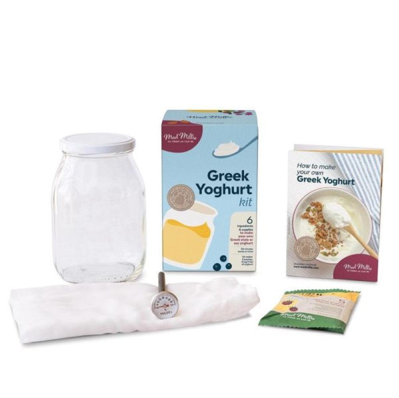 A complete Greek yogurt making kit with cultures, tools, and recipes for crafting delicious homemade yogurt.
