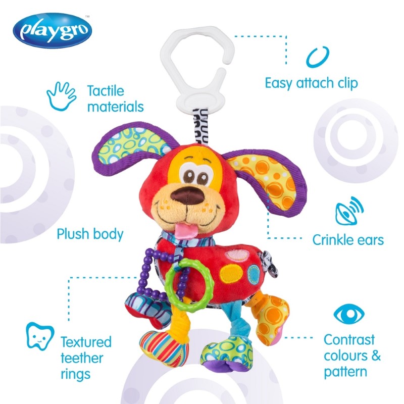 Colorful Interactive Activity Toy with Pookie Puppy design, featuring textures, sounds, and teething rings for sensory play.