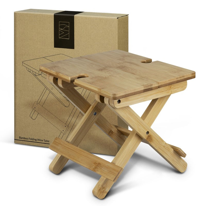 Folding Wine Table made of bamboo, holds two wine glasses, collapsible for easy transport, perfect for outdoor wine enjoyment.