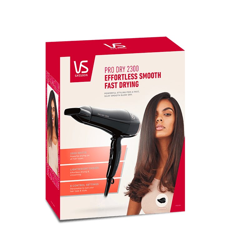 Lightweight 2300-watt hair dryer with ergonomic design, 3 heat settings, 2 speeds, and concentrator nozzle for fast drying.