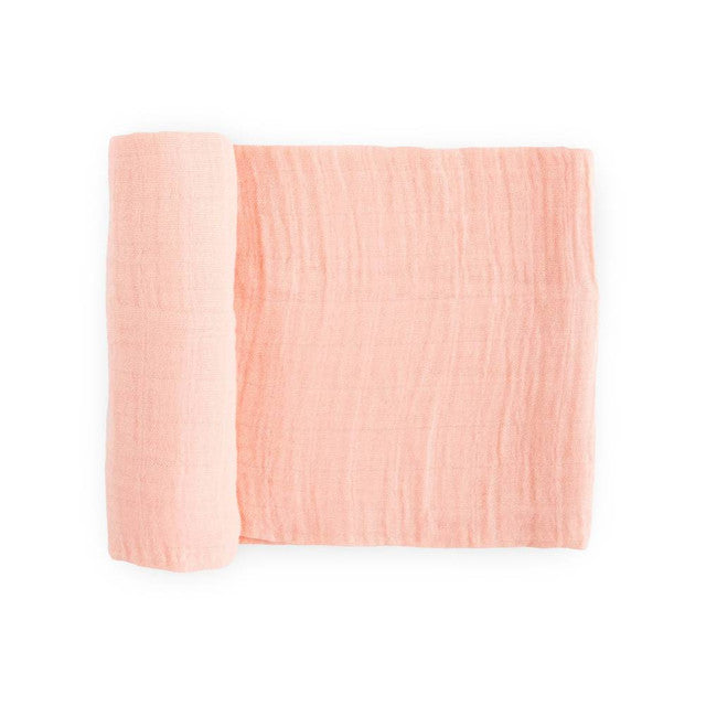 Lightweight 100% cotton muslin swaddle in rose petal, sized 120cm x 120cm, perfect for securely wrapping infants 0-3 months.