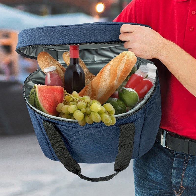 Spacious 20L cooler bag with durable design, foam insulation, and woven carry handles for outdoor adventures.